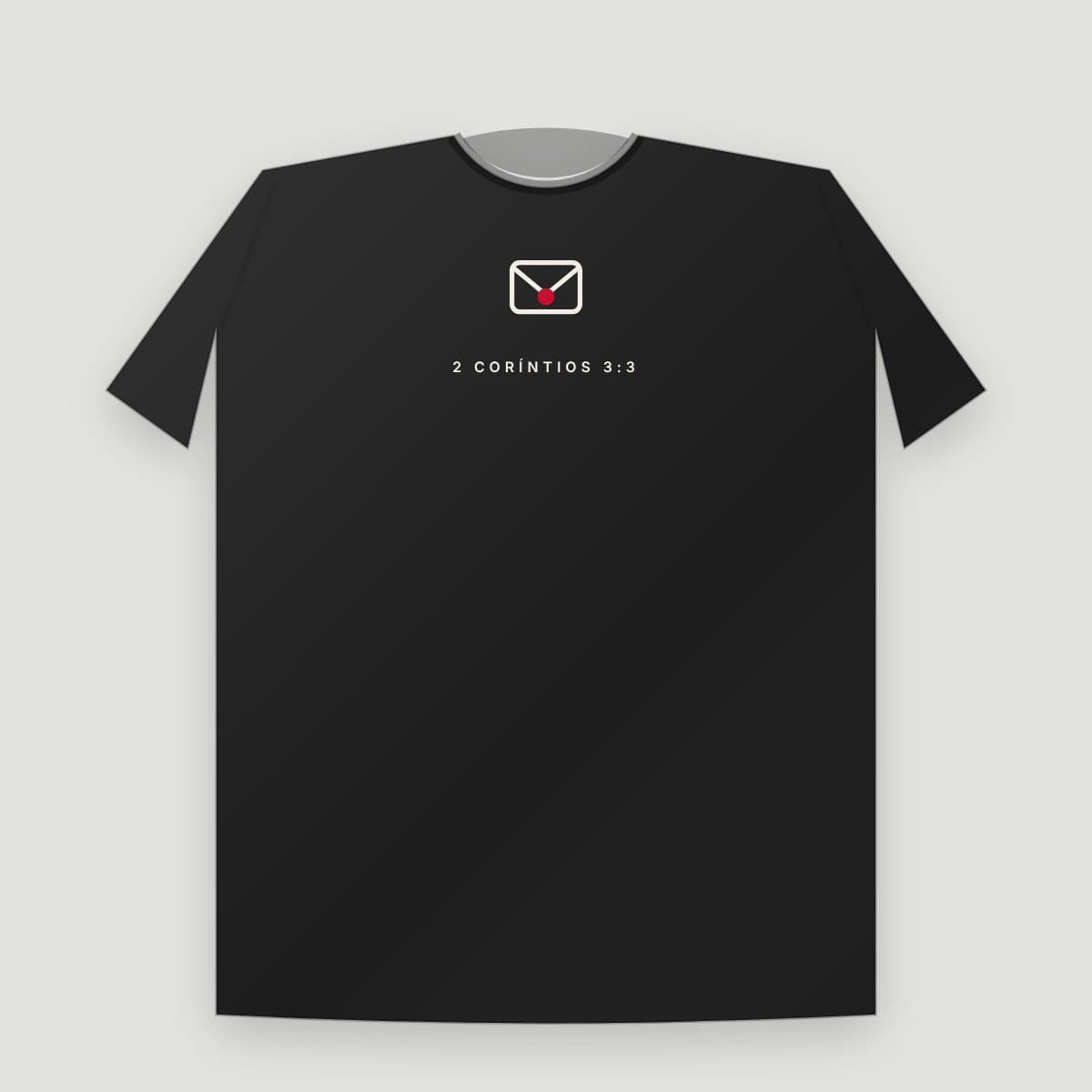 Camiseta “Carta Viva”, modelo Tradicional, frente: Envelope com lacre e "2 Coríntios 3:3"